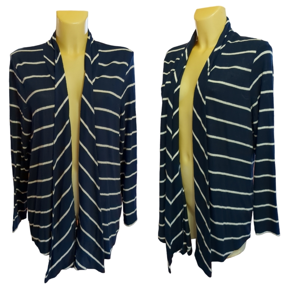 🌹3/15🌹ZENERGY by CHICO'S Navy and White Striped Open Front Cardigan